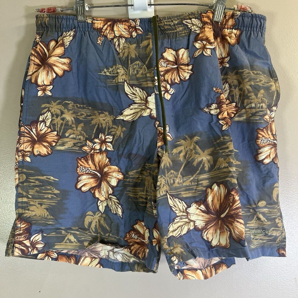 Vtg Speedo Men's Size Medium Swim Shorts Blue Floral String Enclosure Beach